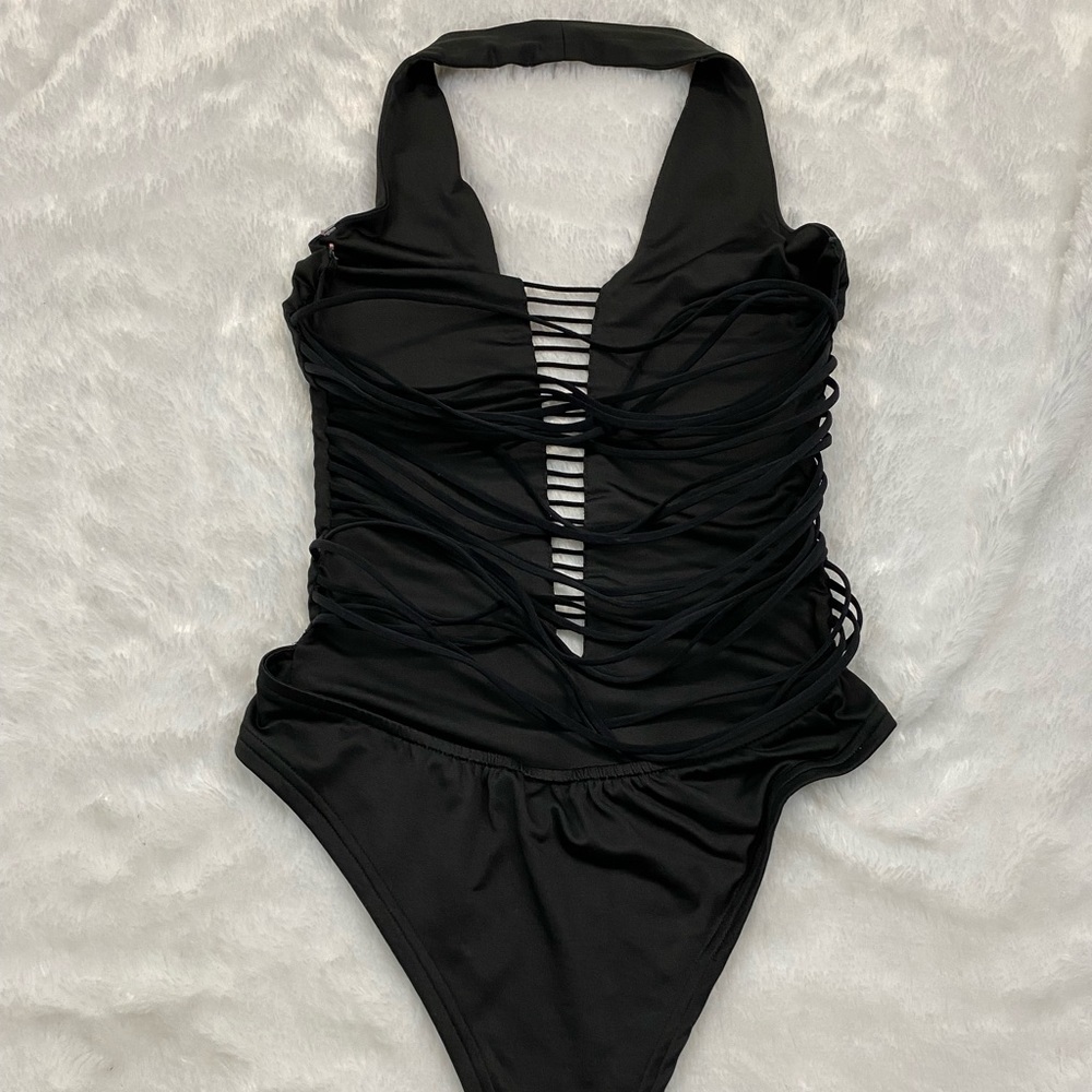 Black Halter Neck STRAPPY Back Bodysuit Sz M